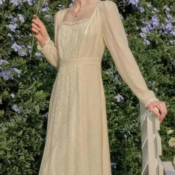 Simple Retro Lace Patchwork Cottage Core Yellow M Coquette Lace Dress - Picture 1 of 15